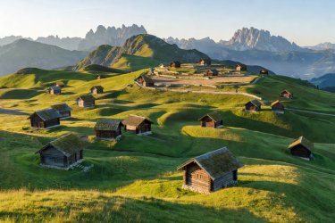 Expansive green pastures and alpine wooden huts of Alpe di Siusi
